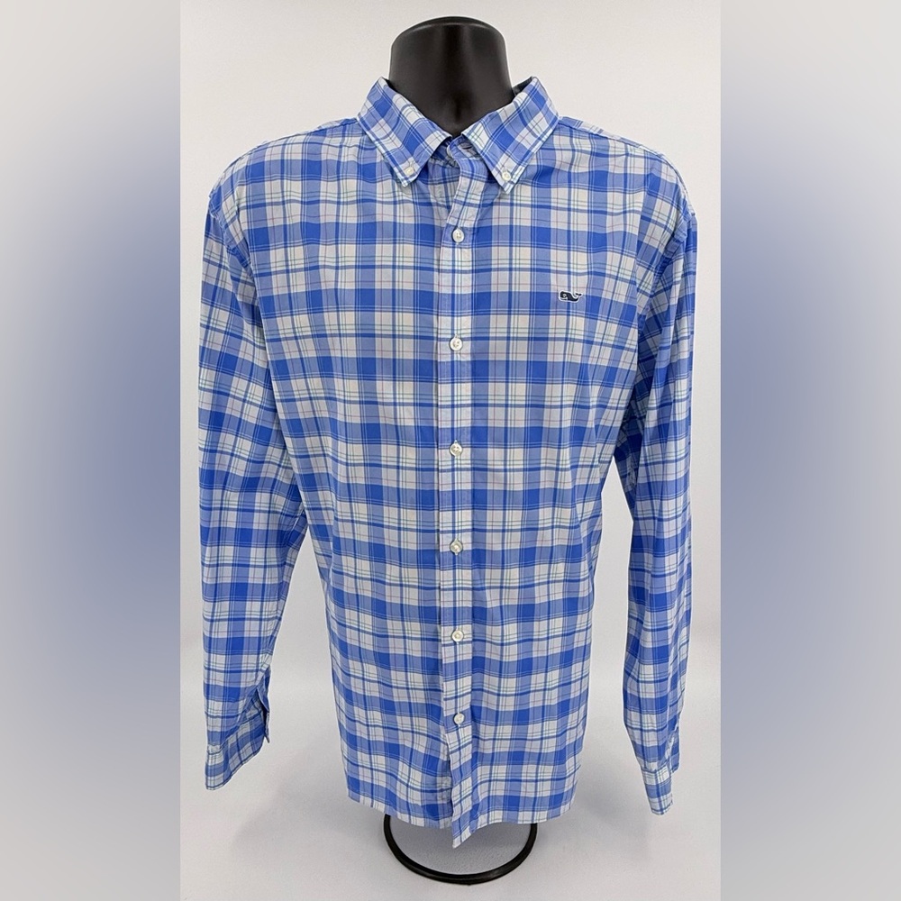 Vineyard Vines Performance Blue‎ White & Aqua Whale Shirt Plaid Nylon Men’s XL